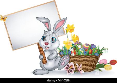 Happy Easter background with rabbit holding a blank sign Stock Vector