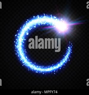 A bright blue comet with dust and gas sparkling trail. Glowing comet tail frame on transparent background. Magic swirl with glitter particles. Cosmic light flash. Galactic nebula vector illustration. Stock Vector