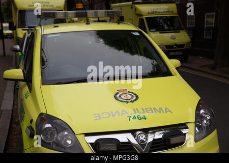 London, UK. 23rd May, 2018. London Ambulance Service (LAS) taken out of special measures after two and a half years. In November 2015 it was rated “inadequate” by the Care Quality Commission, yesterday a report was published which said the LAS was “good” overall and is “Outstanding” for patient care. It also commented about new changes such as treating some patients over the phone has helped. Its headquarters are based at 220, Waterloo Road, London,SE1.Credit: Keith Larby/Alamy Live News Stock Photo