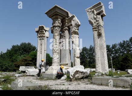 Beijing, China. 23rd May, 2018. Staff members clean up weeds at ruins of Yuanying Guan (Immense Ocean Observatory) at Yuanmingyuan in Beijing, capital of China, May 23, 2018. The four-month reinforcement project of ruins of Immense Ocean Observatory at the historical site of Yuanmingyuan started lately. Credit: Luo Xiaoguang/Xinhua/Alamy Live News Stock Photo