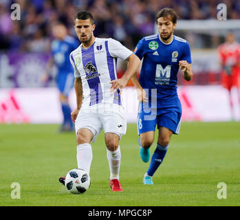 BUDAPEST, HUNGARY - MARCH 2: (r-l) David Markvart of DVTK controls the ball  next to Roland Varga of Ferencvarosi TC during the Hungarian OTP Bank Liga  match between Ferencvarosi TC and DVTK