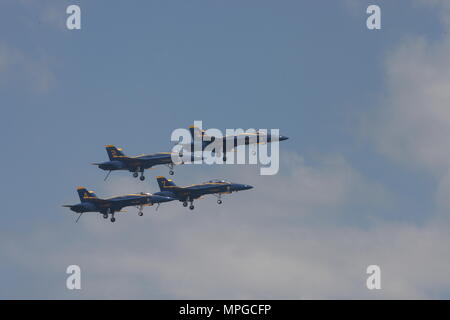 Annapolis, USA. 23rd May, 2018. U.S. Navy's Blue Angels fly over the U.S. Naval Academy (USNA) in Annapolis, Maryland, the United States, on May 23, 2018. The Blue Angels, a six-jet Navy team flying F/A-18 Hornets, performed an air show at the U.S. Naval Academy on Wednesday. Credit: Yan Liang/Xinhua/Alamy Live News Stock Photo