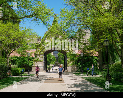 Chicago, Illinois, USA.  23rd May 2018. After a generally chilly spring,  students and staff enjoy a warm sunny day on the picturesque campus of the University of Chicago. Unfortunately, temperatures are expected to rise to near  90ºF/32ºC by the weekend. Credit: Todd Bannor/Alamy Live News Stock Photo