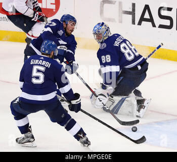 Tampa, Florida, USA. 23rd May, 2018. DOUGLAS R. CLIFFORD | Times.Tampa Bay Lightning defenseman Ryan McDonagh (27) defends the goal during the third period of Game 7 of the Eastern Conference final against the Washington Capitals on May 23, 2018 at Amalie Arena, in Tampa, Fla. Credit: Douglas R. Clifford/Tampa Bay Times/ZUMA Wire/Alamy Live News Stock Photo