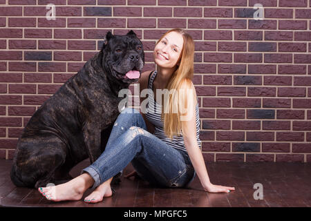 girl sitting near the brick wall next to the dog Cane Corso and she tilted her head Stock Photo