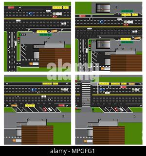 Set of roads, highways, streets, with a shop. Crossroads. Bus stop. With different cars, parking. Top view of the highway. illustration Stock Vector