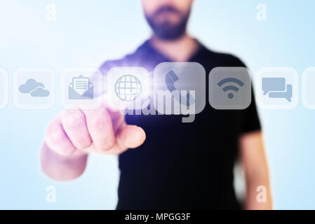businessman scrolling through communication apps on translucent digital display interface Stock Photo