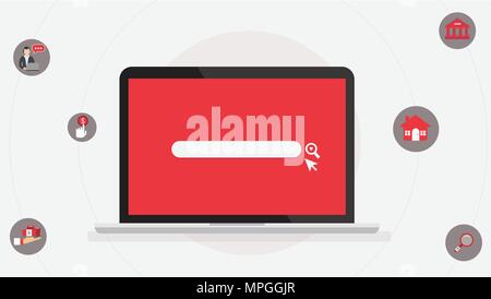 Computer laptop with search tab and business icons on white background.Computer and internet searching concept.Vector illustration Stock Vector