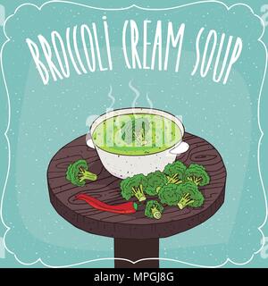 Deep plate with hot cream soup with broccoli on round wooden table with fresh broccoli and chili pepper pod. Realistic hand draw style. Lettering Broc Stock Vector