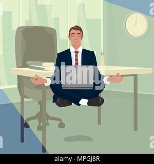 Man in business suit hovering in air, in lotus pose, in office, illuminated by sun light. Focus on work concept. Front face view. Simplistic realistic Stock Vector