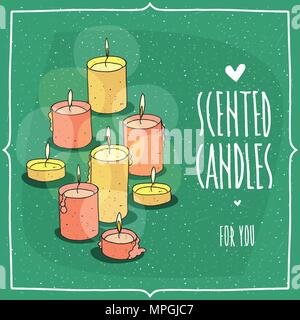 Composition with soft pink and soft yellow burning candles. Isolated green background. Cartoon hand draw style. Lettering inscription Scented Candles  Stock Vector