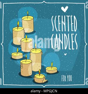 Composition with yellow burning candles. Isolated blue background. Cartoon hand draw style. Lettering inscription Scented Candles For You Stock Vector
