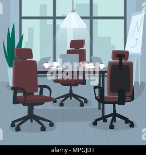 Empty office without workers in daytime. Open workspace for multiple employees. Lunch break concept. Simplistic realistic cartoon art style Stock Vector