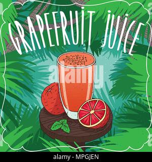 Fresh grapefruit juice in glass on wooden table with ripe fruits, whole and slices. Tropical background. Realistic hand draw style. Lettering Grapefru Stock Vector