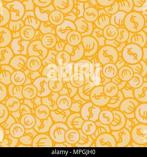 Seamless money pattern with coins with dollar and euro signs. Gold background with precious metal coins in chaotic manner. Flat hand draw style Stock Vector