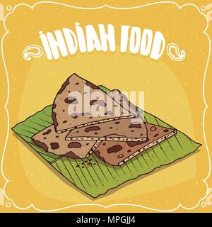 Traditional food, dish of Indian cuisine, known as Roti, Chapati or Paratha. Big round flatbread, sliced into pieces, lying on banana leaf plate. Hand Stock Vector