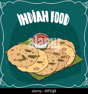 Traditional food, dish of Indian cuisine, round flatbread, known as Roti, Chapati or Paratha, lying on banana leaf plate with sauce like chutney. Hand Stock Vector