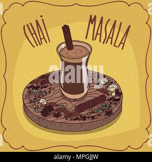 Traditional food of Indian cuisine, Masala chai like mixed spice tea, with mixture of aromatic Indian spices and herbs, on wooden plate. Hand drawn co Stock Vector