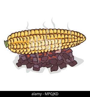 Isolate grilled corn ears fruit on white background. Close up clipart with shadow in flat realistic cartoon style. Hand drawn icon Stock Vector
