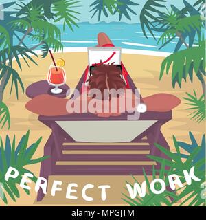 Young man working on laptop or notebook, lying on sun lounger on tropical beach. Lettering Perfect Work. Freelance success concept. Simplistic realist Stock Vector