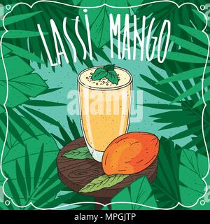 Mango Lassi, Indian drink with fresh juice, on wooden table with ripe whole fruit. Natural background. Realistic hand draw style Stock Vector
