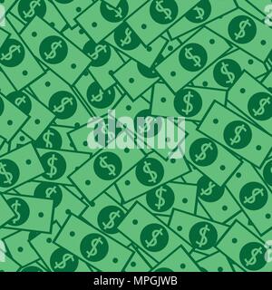 Seamless money pattern with many dollar currency signs. Green background with paper banknotes in chaotic manner. Flat hand draw style Stock Vector