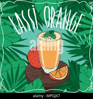 Orange Lassi, Indian drink with fresh juice, on wooden table with ripe fruit, whole and slices. Natural background. Realistic hand draw style Stock Vector
