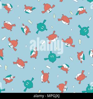 Seamless nature pattern with cute birds in blue color. Funny background with animal in chaotic manner. Cartoon hand draw style Stock Vector