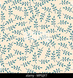 Seamless nature pattern with cute twigs in beige color. Foliage background with leaves in chaotic manner. Cartoon hand draw style Stock Vector