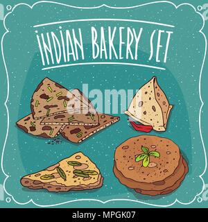 Set of traditional pastry snack, fast food of Indian cuisine, triangular Samosa or flatbread Roti, Naan, Chapati, Papadum or Paratha. Hand drawn comic Stock Vector