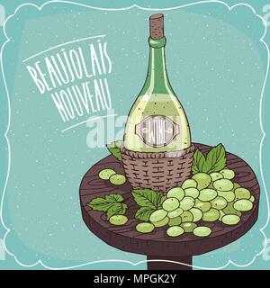 Nice still life on wooden table, white wine in round green wine bottle in basket of straw, near white grapes. Realistic hand draw style. Lettering Bea Stock Vector