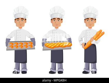 Handsome baker in professional uniform and chef hat, set of three poses. Cheerful cartoon character holding croissants, holding loaves and holding bag Stock Vector