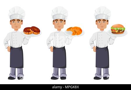 Handsome baker in professional uniform and chef hat, set of three poses. Cheerful cartoon character holding donuts, holding croissants and holding che Stock Vector