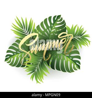 Summer lettering on palm leaf background. Vector illustration Stock Vector