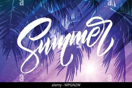 Summer lettering. Palm leaf and sea background. Vector illustration Stock Vector