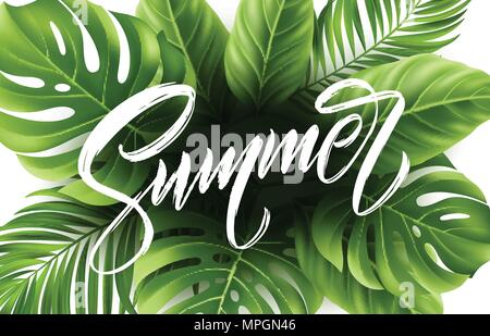 Summer lettering on palm leaf background. Vector illustration Stock Vector