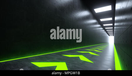 Futuristic Sci-FI Corridor With Green Front Pointing Arrows Lights And Reflections. 3D Rendering