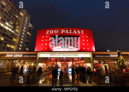 Historic 'Zoo Palast' cinema in Berlin at night. Built in the late 50s, it had hosted the Berlin International Film Festival (Berlinale) for decades. Stock Photo