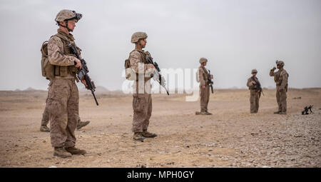 RABKUT, Oman (Feb. 19, 2017) U.S. Marines with Weapons Company, Battalion Landing Team 1st Bn., 4th Marines, 11th Marine Expeditionary Unit (MEU), line up on the firing line for a brief from the range Position Safety Officer (PSO) before conducting an unknown distance range during Exercise Sea Solider, Feb. 19. PSOs, coordinate, coach and supervise the participants on the range to maintain and aid in live-fire safety. Sea Soldier 2017 is an annual, bilateral exercise conducted with the Royal Army of Oman designed to demonstrate the cooperative skill and will of U.S. and partner nations to work Stock Photo