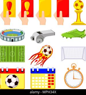 Colorful cartoon soccer championship 14 elements set. Sport theme vector illustration for icon, sticker sign, patch, certificate badge, gift card, sta Stock Vector