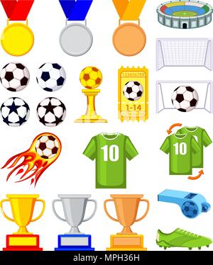 Colorful cartoon soccer 20 elements set. Sport theme vector illustration for icon, sticker sign, patch, certificate badge, gift card, stamp logo, labe Stock Vector