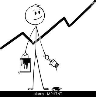 Cartoon of Businessman With Brush and Paint Can Painting Growing Chart or Graph Stock Vector
