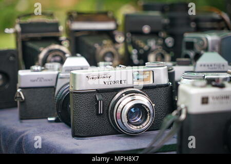 SOFIA, BULGARIA - May 2018: Old vintage photo cameras selling in the antiquities market Stock Photo