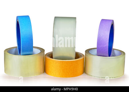 Different types of adhesive tape are lined, isolated on white background, with saved path. Stock Photo