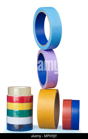 Multicolored rolls of sticky tape isolated on white background, with saved clipping path. Stock Photo
