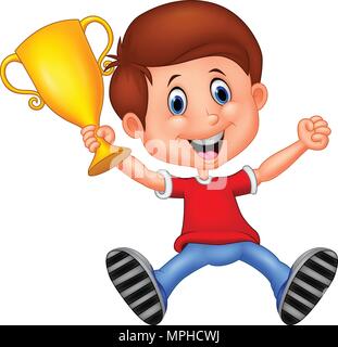 Boy holding gold trophy Stock Vector