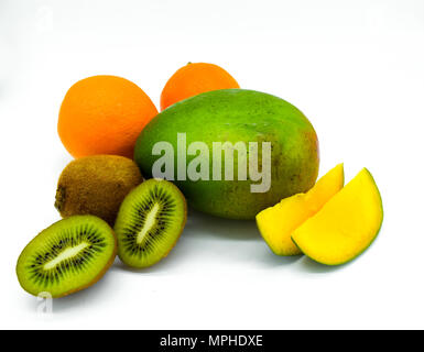 mango, kiwis and oranges isolated on white background, two oranges and kiwi slices Stock Photo