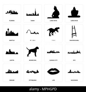 Set Of 16 simple editable icons such as wisconsin, lips, pittsburgh, denver, nyc, florida, seattle, austin, t rex can be used for mobile, web UI Stock Vector