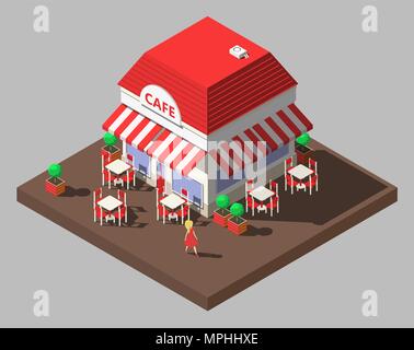 Vector isometric restaurant cafe building with tables and chairs Stock Vector