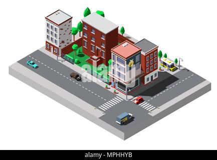 Vector isometric city buildings with cars and trees on the streets Stock Vector